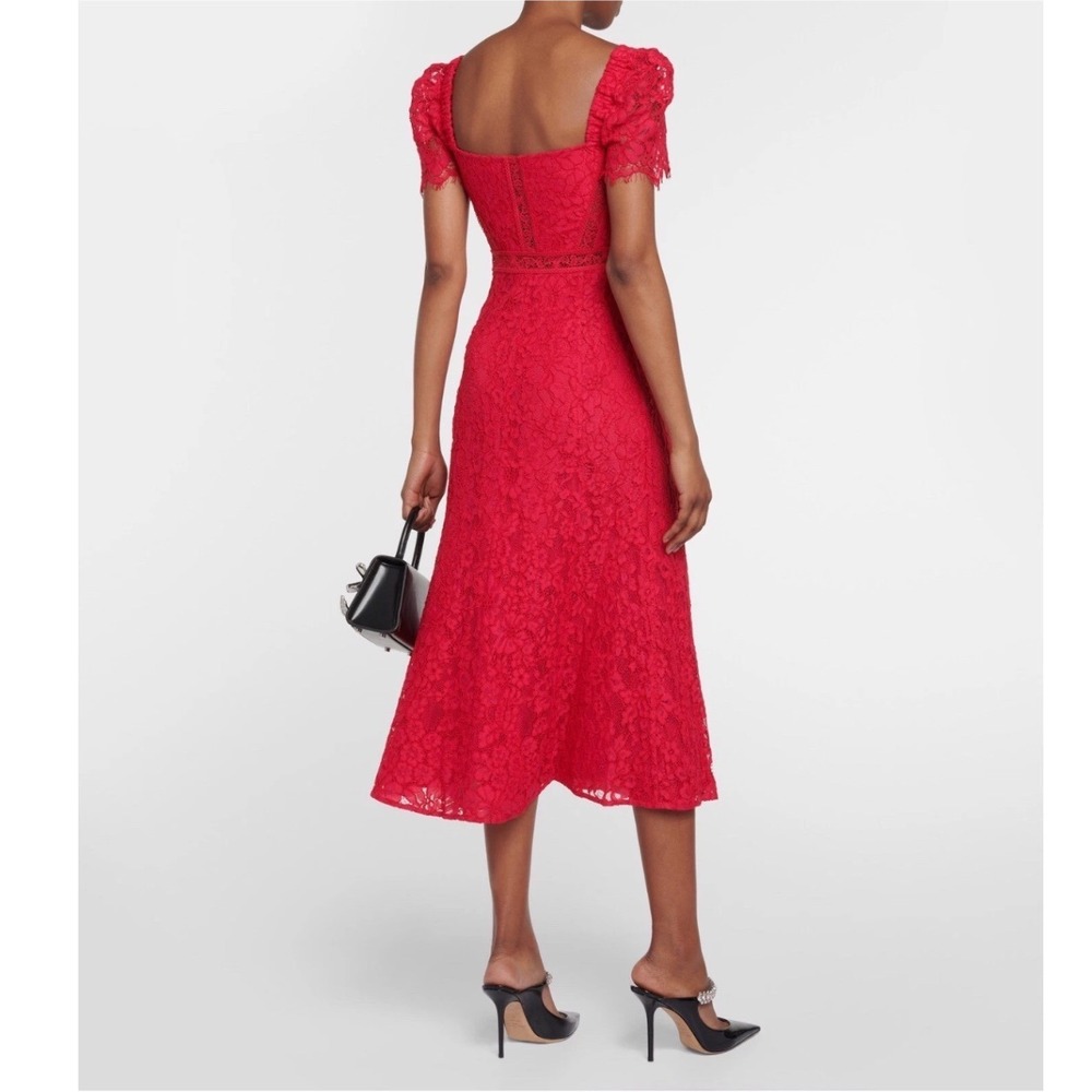 Self-Portrait Red Floral Cord Lace Bustier Midi Dress Cap Sleeve Sweetheart Sz 8 - Picture 2 of 16